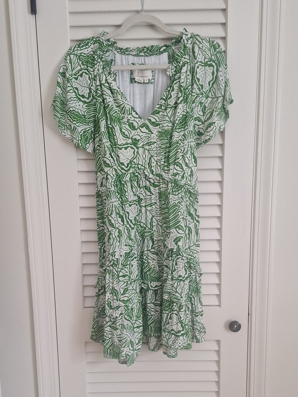 Anthropologie Green and White Floral-Print Mini Dress